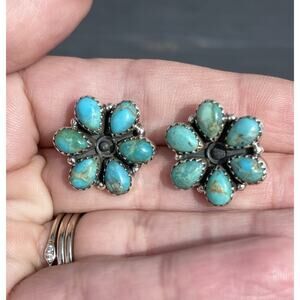 Native American Style Sterling Silver Turquoise Cluster Earrings Southwest